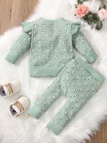 Floral Print Ruffle Trim Sweatshirt & Bow Front Trousers - Mint Green - View 2