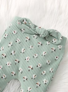 Floral Print Ruffle Trim Sweatshirt & Bow Front Trousers - Mint Green - View 3