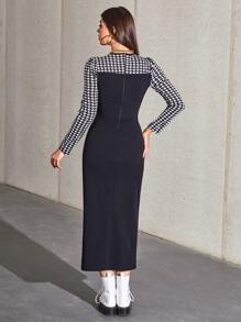 Mulvari 1pc Houndstooth Print Fitted Dress - Black - View 2