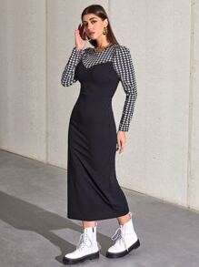 Mulvari 1pc Houndstooth Print Fitted Dress - Black - View 3