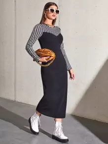 Mulvari 1pc Houndstooth Print Fitted Dress - Black - View 1