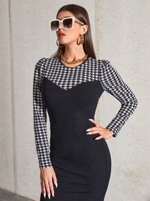 Mulvari 1pc Houndstooth Print Fitted Dress - Black - View 5