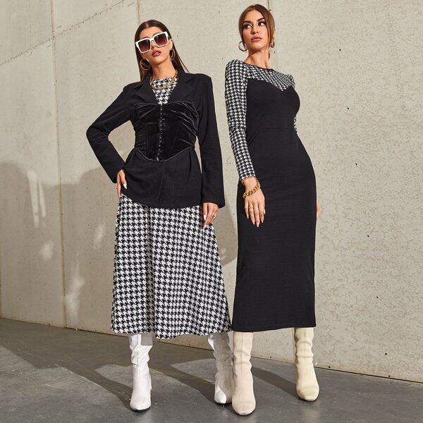 

1pc Blazer With 1pc Houndstooth Dress, Black and white