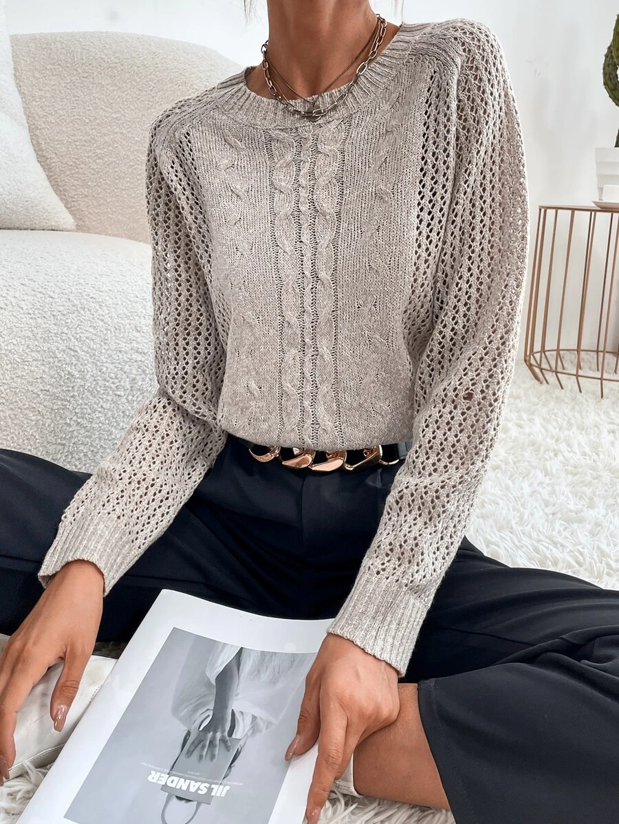 Raglan Sleeve Cable Knit Sweater - Khaki - View 1