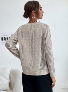 Raglan Sleeve Cable Knit Sweater - Khaki - View 2