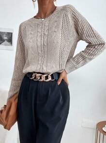 Raglan Sleeve Cable Knit Sweater - Khaki - View 4