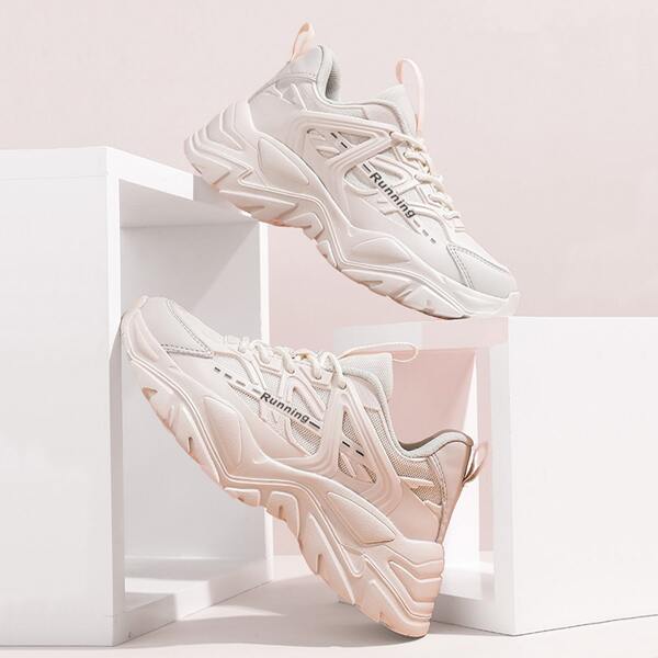 

Men Letter Graphic Mesh Panel Chunky Sneakers, Beige