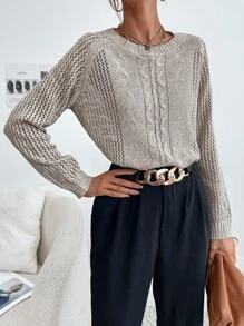 Raglan Sleeve Cable Knit Sweater - Khaki - View 5