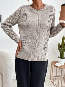 Raglan Sleeve Cable Knit Sweater - Khaki - View 6