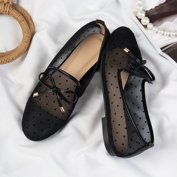 

Bow Decor Polka Dot Pattern Flats, Black