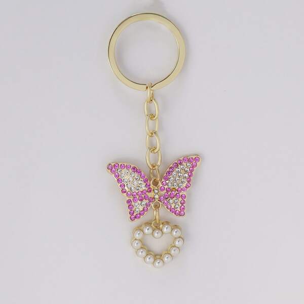 

Rhinestone Butterfly & Faux Pearl Heart Charm Keychain, Multicolor
