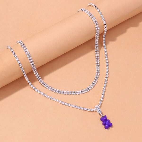

2pcs Rhinestone Decor Bear Charm Necklace, Silver