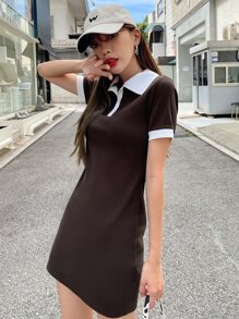 DAZY Vestido Con Cuello De Polo Y Mangas Cortas En Contraste - Marrón Chocolate - Ver 1