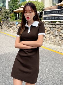 DAZY Vestido Con Cuello De Polo Y Mangas Cortas En Contraste - Marrón Chocolate - Ver 3