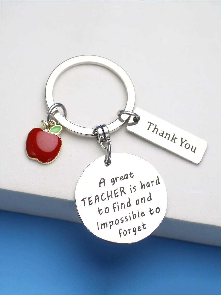 Slogan Detail Round Charm Keychain - Silver - View 1