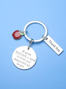 Slogan Detail Round Charm Keychain - Silver - View 2