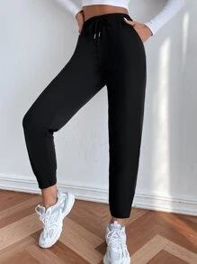 Muchica Solid Drawstring Waist Joggers - Black - View 1