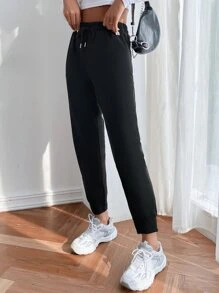 Muchica Solid Drawstring Waist Joggers - Black - View 5