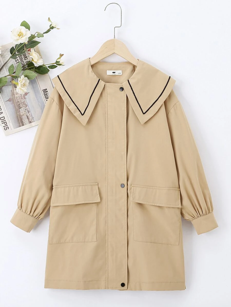 Girls Dual Pockets Button Coat - Khaki - View 1