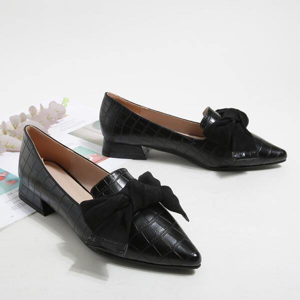 

Bow Decor Crocodile Embossed Loafers, Black