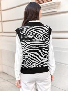 Mulvari Zebra Striped Pattern Sweater Vest Without Blouse - Black and White - View 2