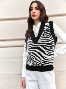 Mulvari Zebra Striped Pattern Sweater Vest Without Blouse - Black and White - View 3