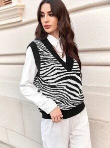 Mulvari Zebra Striped Pattern Sweater Vest Without Blouse - Black and White - View 4