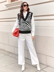 Mulvari Zebra Striped Pattern Sweater Vest Without Blouse - Black and White - View 5