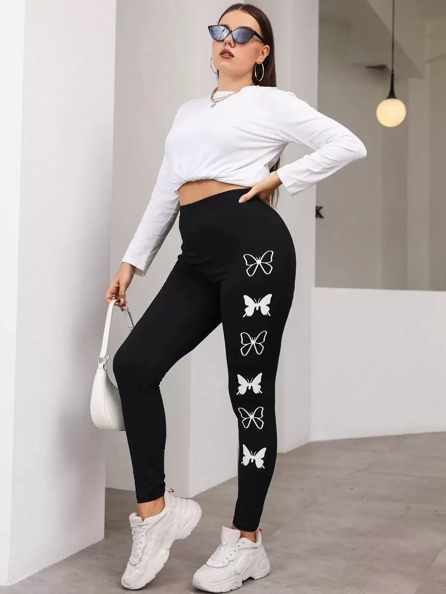 Flirla 大碼蝴蝶圖案緊身打底褲 - 黑色 - 查看 1
