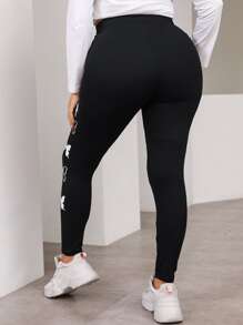 Flirla 大碼蝴蝶圖案緊身打底褲 - 黑色 - 查看 2