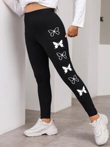 Flirla 大碼蝴蝶圖案緊身打底褲 - 黑色 - 查看 4