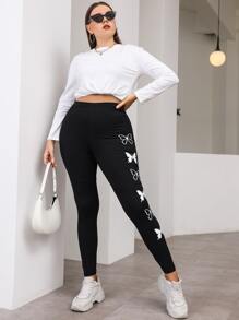 Flirla 大碼蝴蝶圖案緊身打底褲 - 黑色 - 查看 5