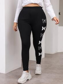 Flirla 大碼蝴蝶圖案緊身打底褲 - 黑色 - 查看 6