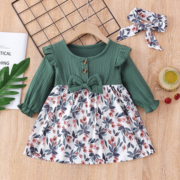 

Baby Floral Print Ruffle Trim Flounce Sleeve Bow Front Dress With Headband, Multicolor