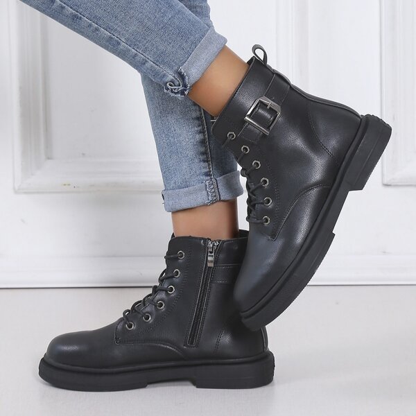 

Buckle Decor Lace-up Front Combat Boots, Black
