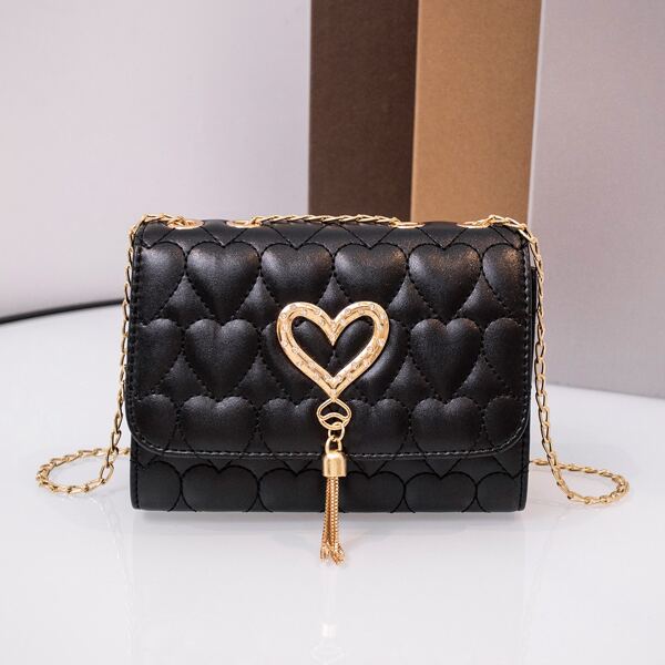 

Heart Graphic Tassel Decor Square Bag, Black