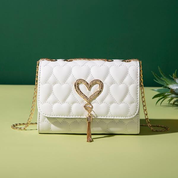 

Heart Graphic Tassel Decor Square Bag, White