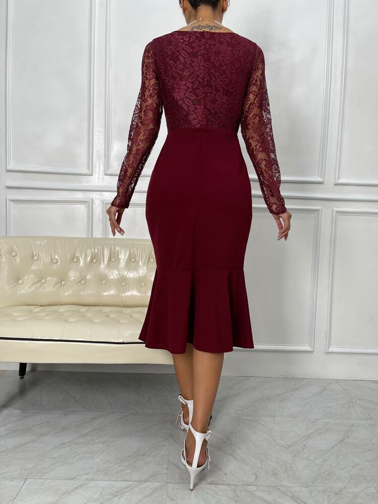 SHEIN Belle Burgundy Red Lace Panel Mermaid Hem Bodycon Dress - Burgundy - View 2