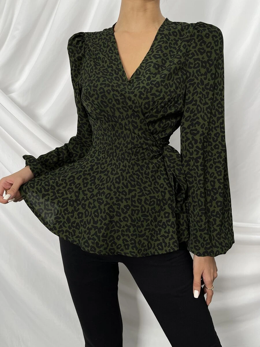 SHEIN Clasi Leopard Lantern Sleeve Knot Side Peplum Blouse - Multicolor - View 1