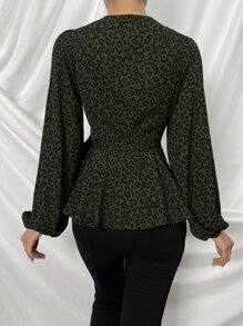 SHEIN Clasi Leopard Lantern Sleeve Knot Side Peplum Blouse - Multicolor - View 2