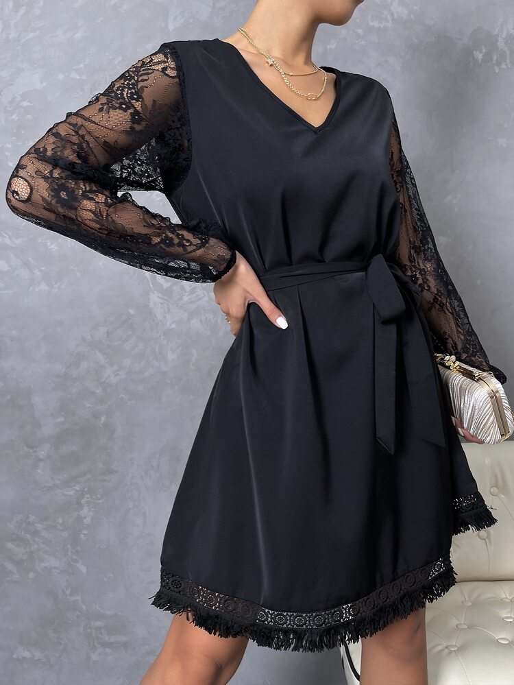 Đầm Thắt lưng Tương phản ren màu trơn Thanh lịch - màu đen - Xem 6