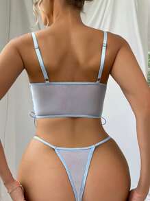 花卉刺繡貼花內衣套裝 - 藍色 - 查看 2