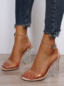 Clear Chunky Heeled Ankle Strap Sandals - Clear - View 2