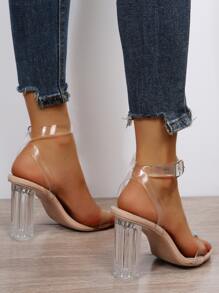 Clear Chunky Heeled Ankle Strap Sandals - Clear - View 4