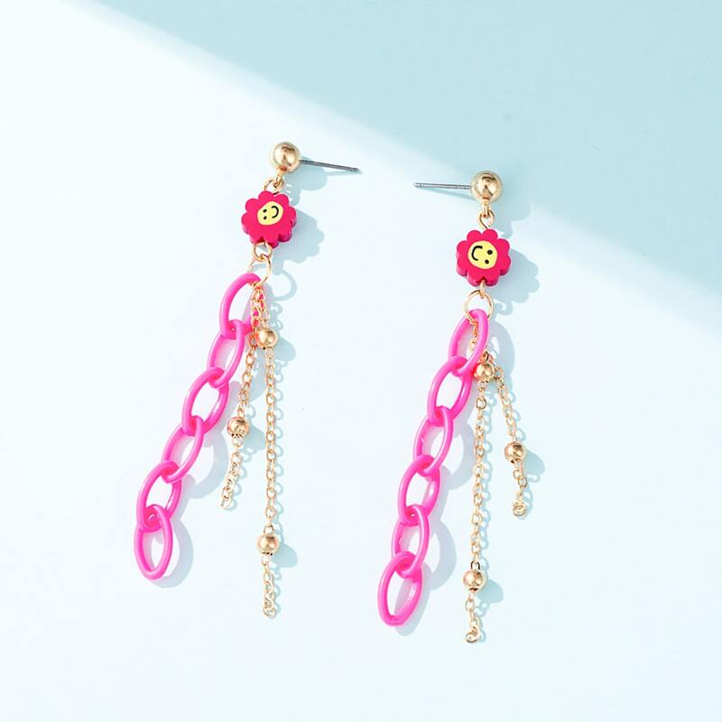 

Flower & Chain Drop Earrings, Hot pink