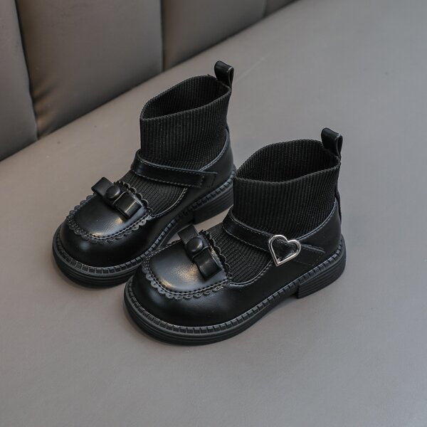 

Girls Bow Decor Buckle Detail Slip On Boots, Black