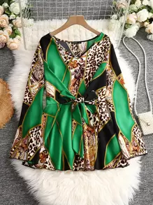 SHEIN LUNE 大碼豹紋和佩斯利印花撞色前打結襯衫 - 彩色 - 查看 1