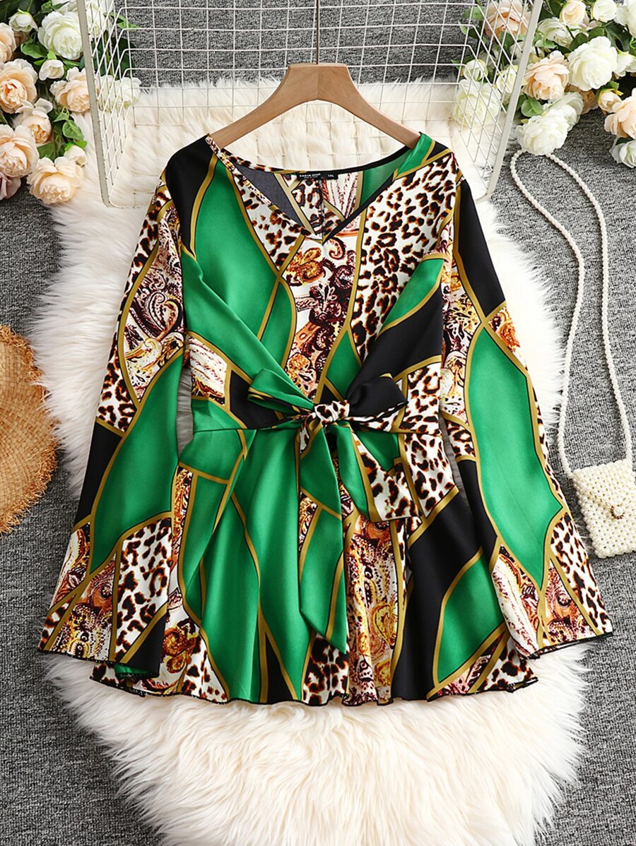 SHEIN LUNE 大碼豹紋和佩斯利印花撞色前打結襯衫 - 彩色 - 查看 1