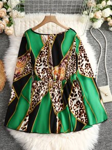 SHEIN LUNE 大碼豹紋和佩斯利印花撞色前打結襯衫 - 彩色 - 查看 2