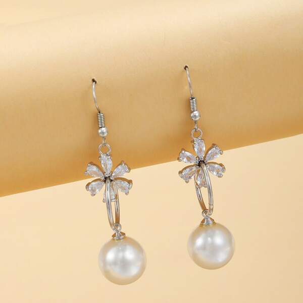 

Faux Pearl & Zircon Flower Decor Drop Earrings, Silver